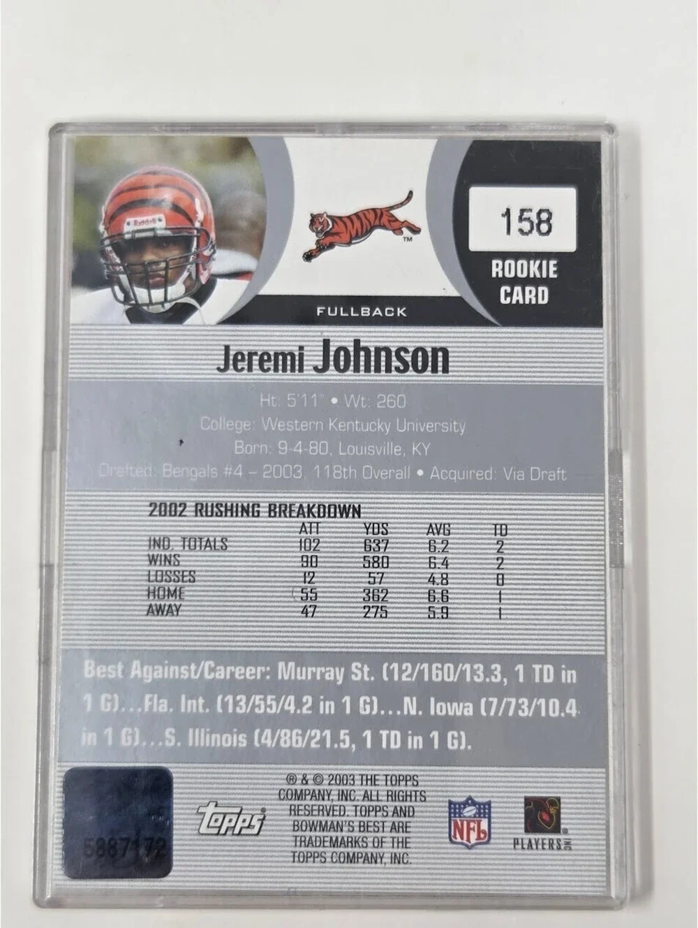 2003 Bowmans Best Jeremi Johnson Certified Autograph Bengals RC Card